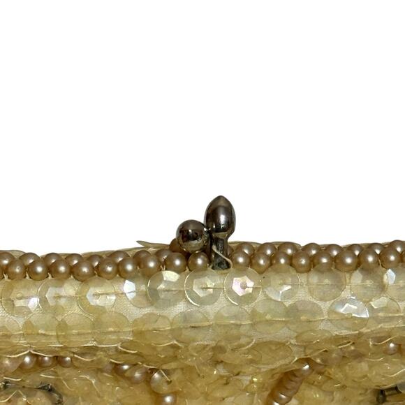 Vintage La Regale Ivory Beaded Sequin Evening Bag Purse - Mother of Pearl Inlay - Picture 5 of 9